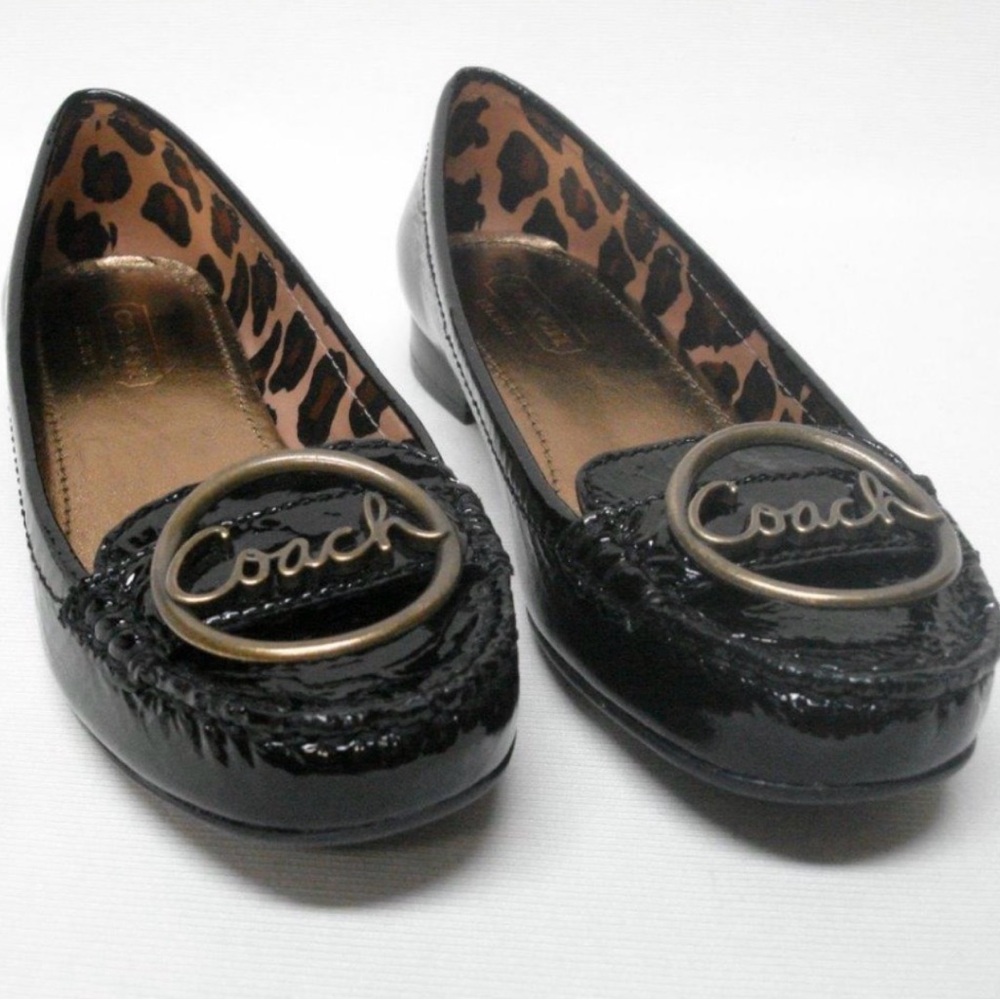 Coach Black Patent Leather Loafers with Leopard Interior Size 8.5